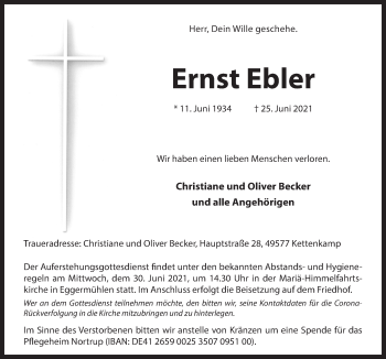 Traueranzeige von Ernst Ebler von Neue Osnabrücker Zeitung GmbH 6 Co. KG