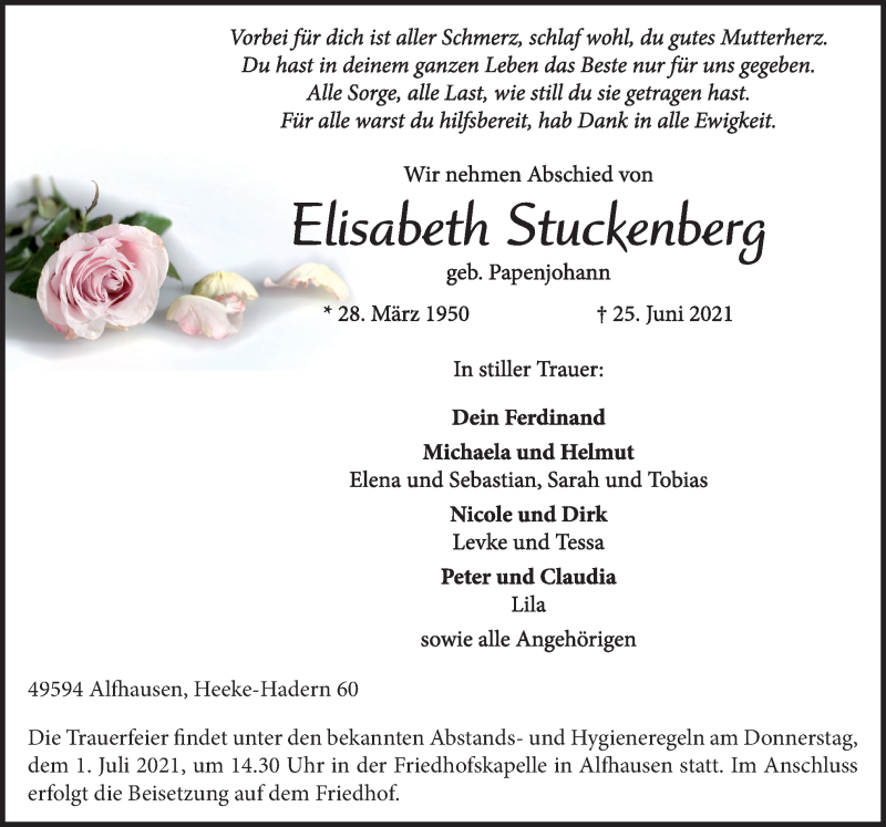  Traueranzeige für Elisabeth Stuckenberg vom 28.06.2021 aus Neue Osnabrücker Zeitung GmbH 6 Co. KG