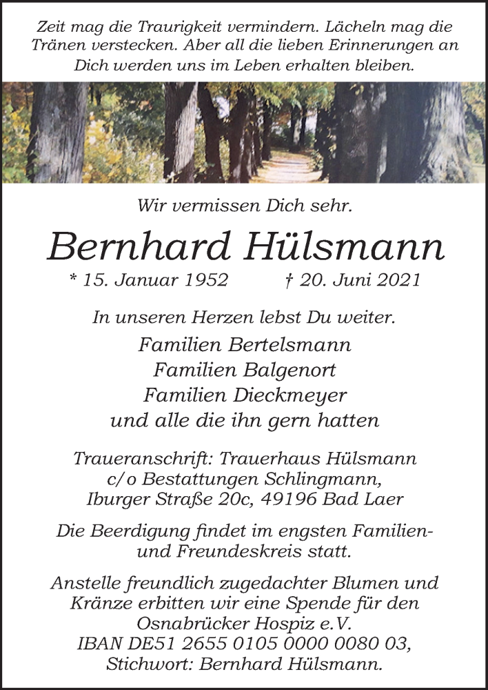  Traueranzeige für Bernhard Hülsmann vom 23.06.2021 aus Neue Osnabrücker Zeitung GmbH & Co. KG
