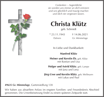 Traueranzeige von Christa Klütz von Neue Osnabrücker Zeitung GmbH & Co. KG