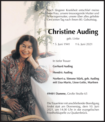 Traueranzeige von Christine Auding von Neue Osnabrücker Zeitung GmbH & Co. KG