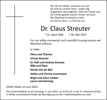 Traueranzeige von Claus Streuter von Neue Osnabrücker Zeitung GmbH & Co. KG