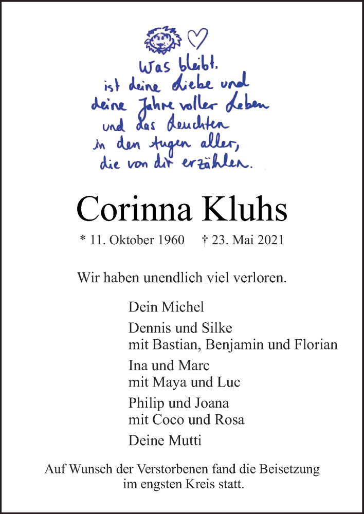  Traueranzeige für Corinna Kluhs vom 05.06.2021 aus Neue Osnabrücker Zeitung GmbH & Co. KG