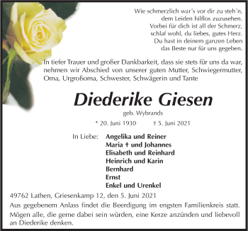 Traueranzeige von Diederike Giesen von Neue Osnabrücker Zeitung GmbH & Co. KG