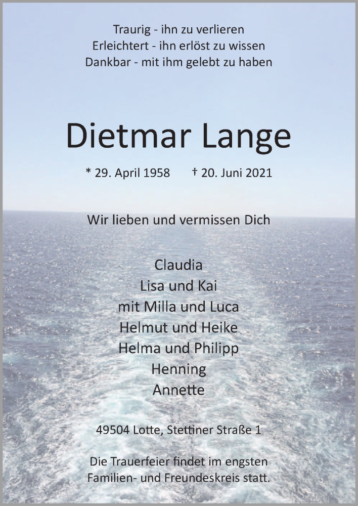  Traueranzeige für Dietmar Lange vom 26.06.2021 aus Neue Osnabrücker Zeitung GmbH & Co. KG