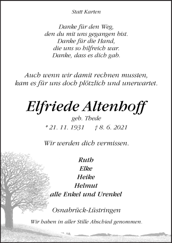 Traueranzeige von Elfriede Altenhoff von Neue Osnabrücker Zeitung GmbH & Co. KG