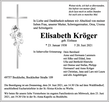 Traueranzeige von Elisabeth Kröger von Neue Osnabrücker Zeitung GmbH & Co. KG