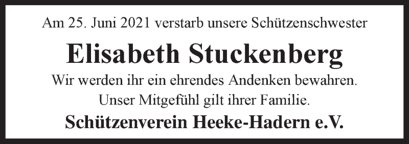  Traueranzeige für Elisabeth Stuckenberg vom 29.06.2021 aus Neue Osnabrücker Zeitung GmbH & Co. KG