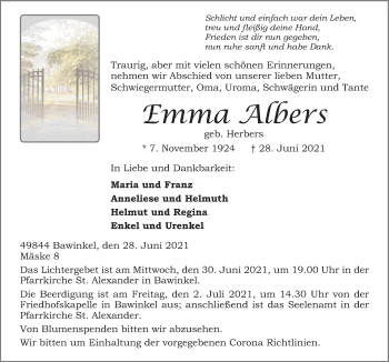 Traueranzeige von Emma Albers von Neue Osnabrücker Zeitung GmbH & Co. KG