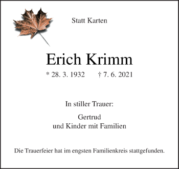 Traueranzeige von Erich Krimm von Neue Osnabrücker Zeitung GmbH & Co. KG