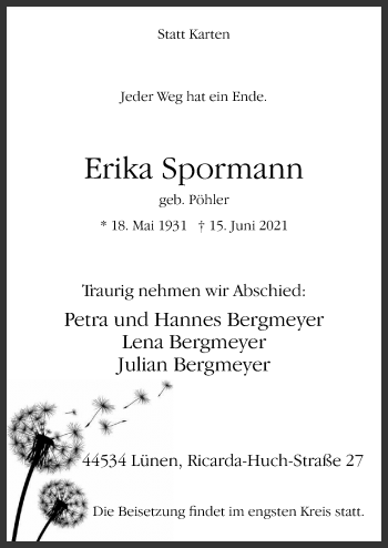Traueranzeige von Erika Spormann von Neue Osnabrücker Zeitung GmbH & Co. KG