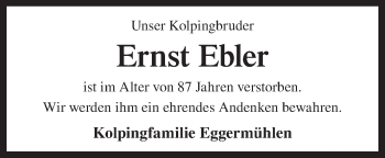 Traueranzeige von Ernst Ebler von Neue Osnabrücker Zeitung GmbH 6 Co. KG