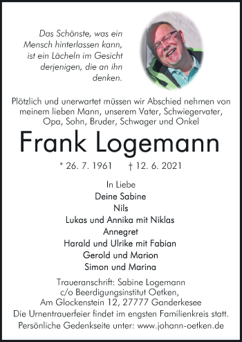 Traueranzeige von Frank Logemann von Neue Osnabrücker Zeitung GmbH & Co. KG