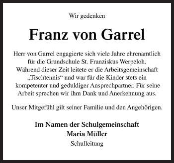 Traueranzeige von Franz von Garrel von Neue Osnabrücker Zeitung GmbH & Co. KG