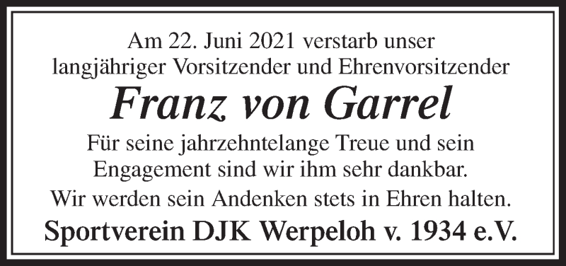  Traueranzeige für Franz von Garrel vom 26.06.2021 aus Neue Osnabrücker Zeitung GmbH & Co. KG