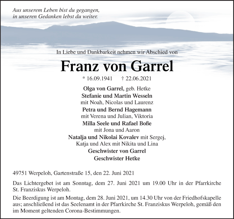  Traueranzeige für Franz von Garrel vom 25.06.2021 aus Neue Osnabrücker Zeitung GmbH & Co. KG