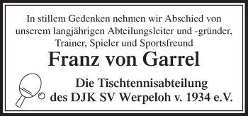 Traueranzeige von Franz von Garrel von Neue Osnabrücker Zeitung GmbH & Co. KG