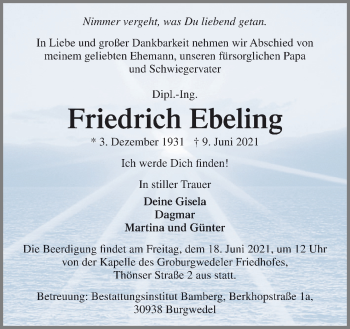 Traueranzeige von Friedrich Ebeling von Neue Osnabrücker Zeitung GmbH & Co. KG