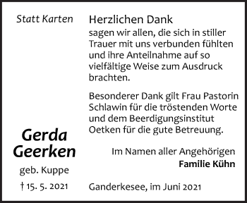 Traueranzeige von Gerda Geerken von Neue Osnabrücker Zeitung GmbH & Co. KG