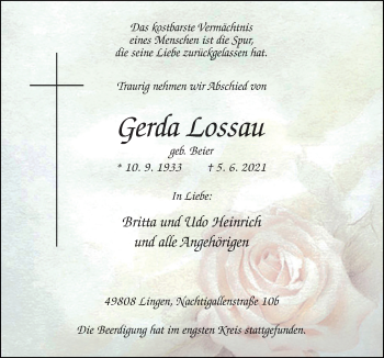 Traueranzeige von Gerda Lossau von Neue Osnabrücker Zeitung GmbH & Co. KG