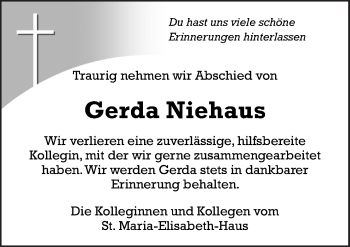 Traueranzeige von Gerda Niehaus von Neue Osnabrücker Zeitung GmbH & Co. KG