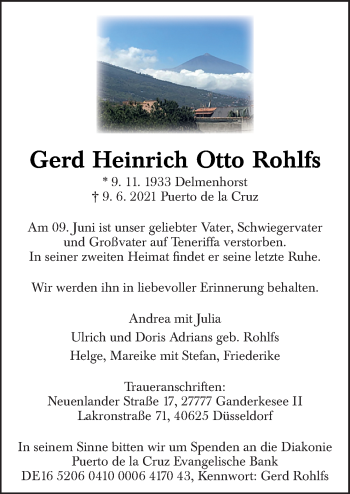 Traueranzeige von Gerd Heinrich Otto Rohlfs von Neue Osnabrücker Zeitung GmbH & Co. KG