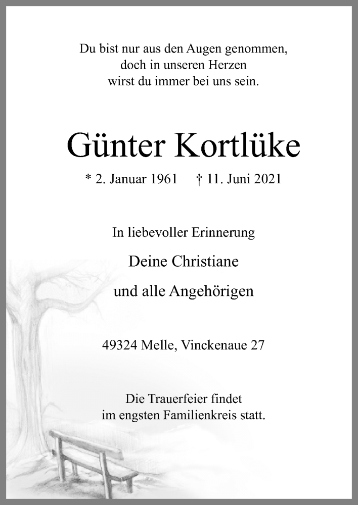  Traueranzeige für Günter Kortlüke vom 19.06.2021 aus Neue Osnabrücker Zeitung GmbH & Co. KG