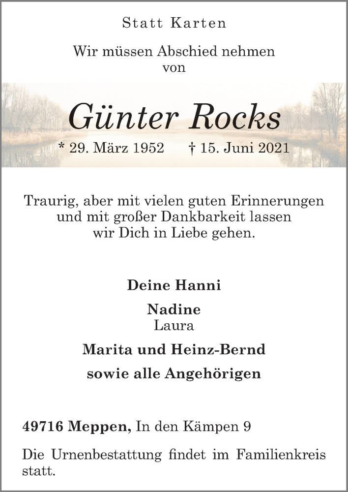 Traueranzeige für Günter Rocks vom 19.06.2021 aus Neue Osnabrücker Zeitung GmbH & Co. KG