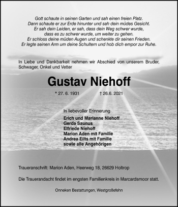 Traueranzeige von Gustav Niehoff von Neue Osnabrücker Zeitung GmbH & Co. KG