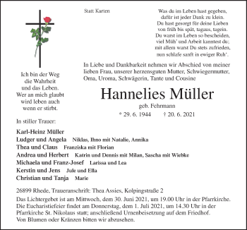 Traueranzeige von Hannelies Müller von Neue Osnabrücker Zeitung GmbH & Co. KG