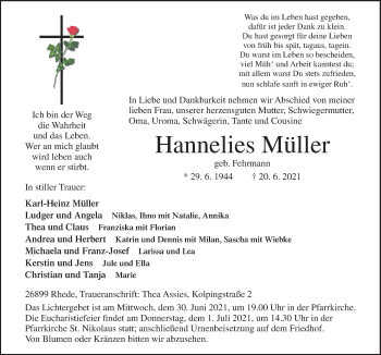 Traueranzeige von Hannelies Müller von Neue Osnabrücker Zeitung GmbH & Co. KG