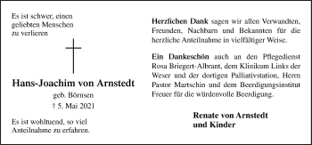 Traueranzeige von Hans-Joachim von Arnstedt von Neue Osnabrücker Zeitung GmbH & Co. KG