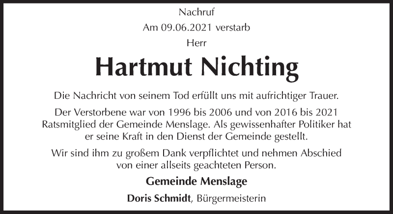  Traueranzeige für Hartmut Nichting vom 18.06.2021 aus Neue Osnabrücker Zeitung GmbH & Co. KG