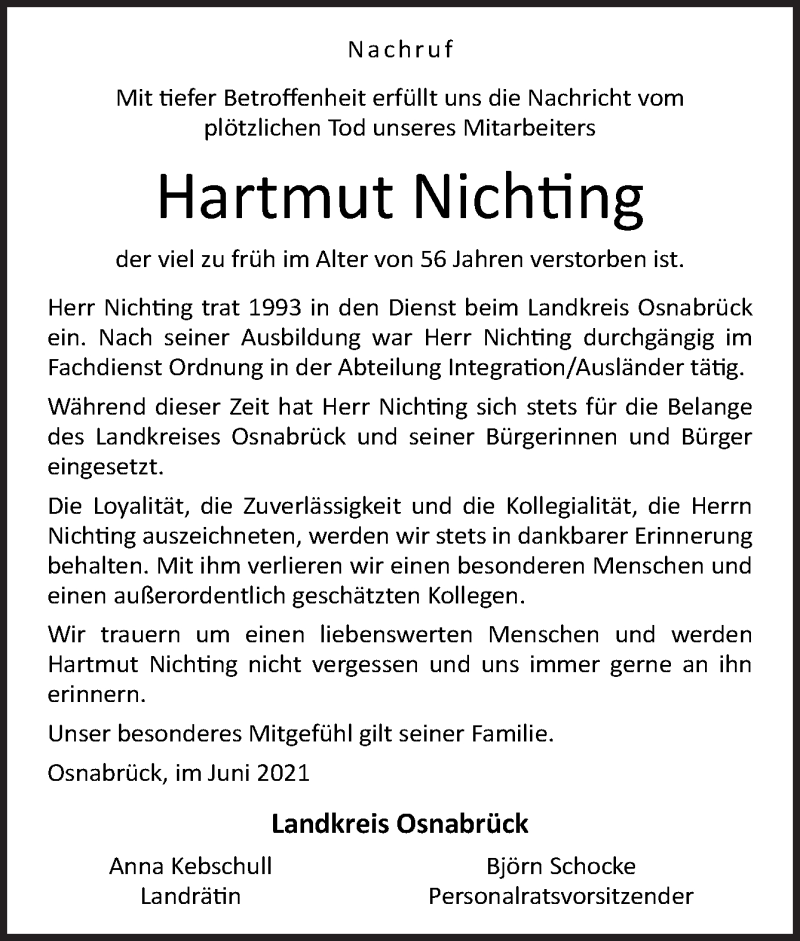  Traueranzeige für Hartmut Nichting vom 19.06.2021 aus Neue Osnabrücker Zeitung GmbH & Co. KG