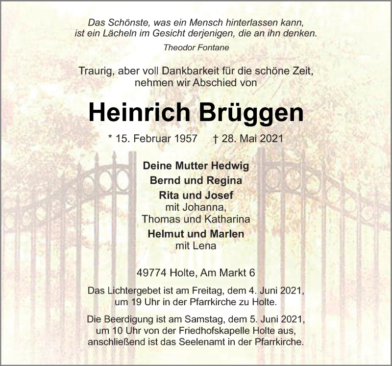  Traueranzeige für Heinrich Brüggen vom 01.06.2021 aus Neue Osnabrücker Zeitung GmbH & Co. KG