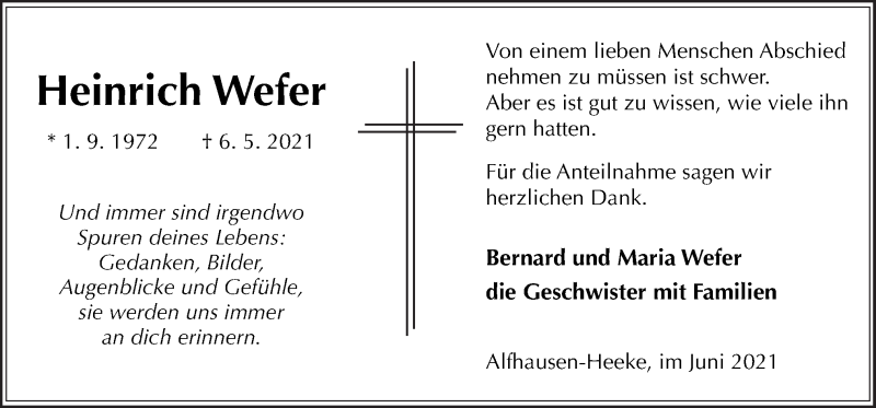 Traueranzeige für Heinrich Wefer vom 23.06.2021 aus Neue Osnabrücker Zeitung GmbH & Co. KG