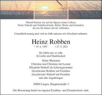 Traueranzeige von Heinz Robben von Neue Osnabrücker Zeitung GmbH & Co. KG