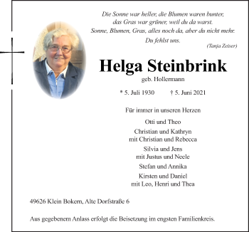 Traueranzeige von Helga Steinbrink von Neue Osnabrücker Zeitung GmbH & Co. KG