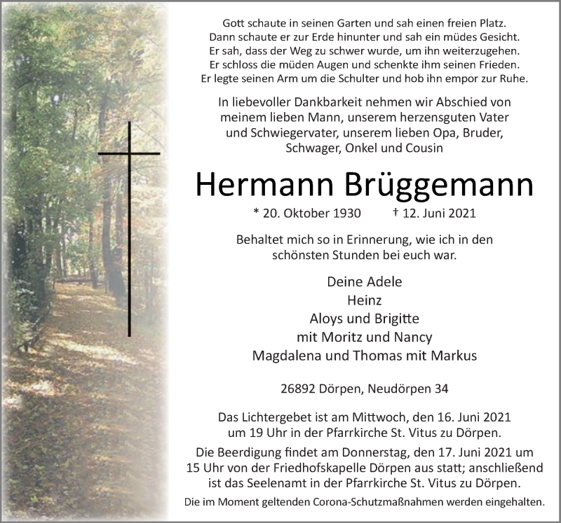  Traueranzeige für Hermann Brüggemann vom 15.06.2021 aus Neue Osnabrücker Zeitung GmbH & Co. KG