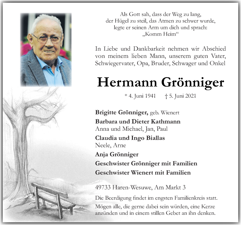  Traueranzeige für Hermann Grönniger vom 08.06.2021 aus Neue Osnabrücker Zeitung GmbH & Co. KG