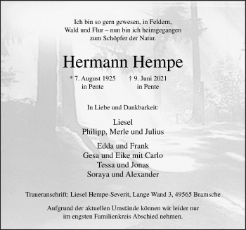 Traueranzeige von Hermann Hempe von Neue Osnabrücker Zeitung GmbH & Co. KG