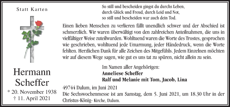  Traueranzeige für Hermann Scheffer vom 02.06.2021 aus Neue Osnabrücker Zeitung GmbH & Co. KG
