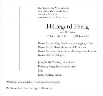 Traueranzeige von Hildegard Harig von Neue Osnabrücker Zeitung GmbH & Co. KG
