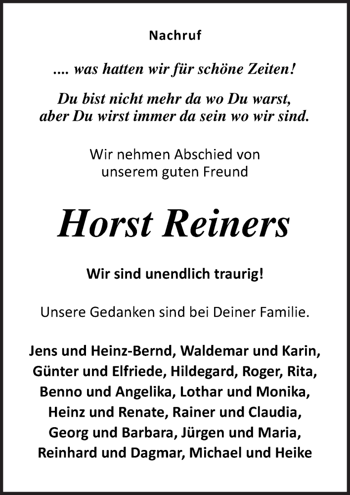  Traueranzeige für Horst Reiners vom 08.06.2021 aus Neue Osnabrücker Zeitung GmbH & Co. KG