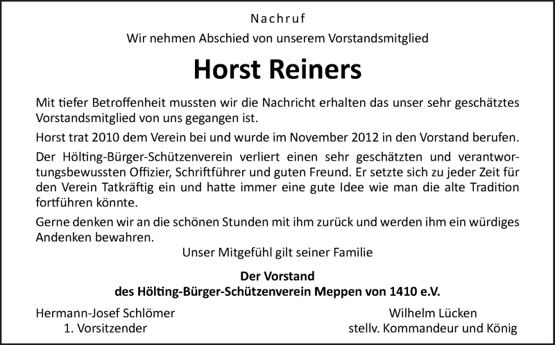  Traueranzeige für Horst Reiners vom 12.06.2021 aus Neue Osnabrücker Zeitung GmbH & Co. KG