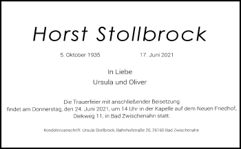 Traueranzeige von Horst Stollbrock von Neue Osnabrücker Zeitung GmbH & Co. KG