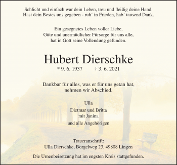 Traueranzeige von Hubert Dierschke von Neue Osnabrücker Zeitung GmbH & Co. KG