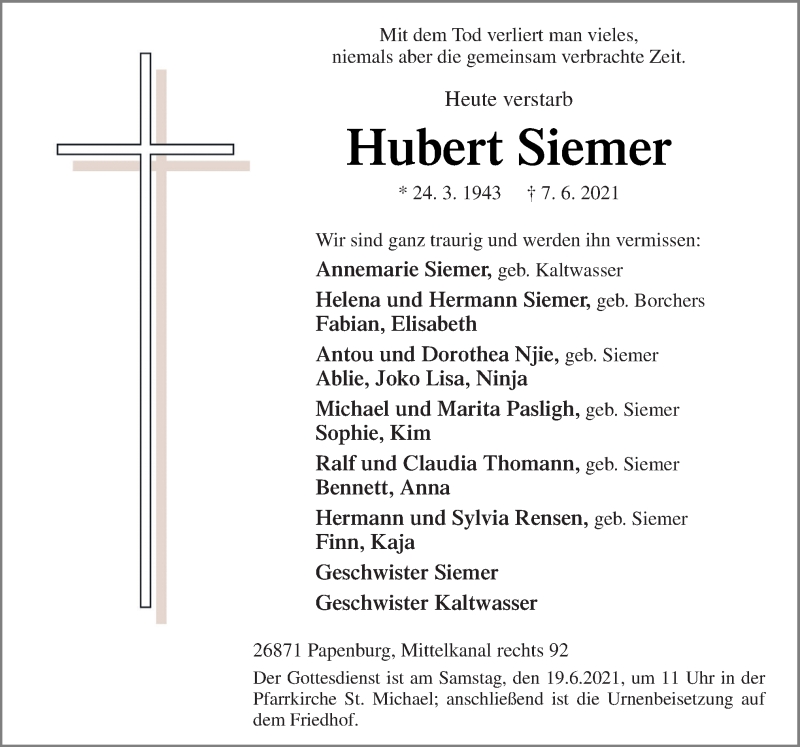  Traueranzeige für Hubert Siemer vom 10.06.2021 aus Neue Osnabrücker Zeitung GmbH & Co. KG