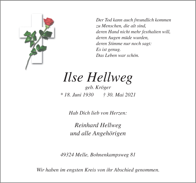 Traueranzeigen von Ilse Hellweg noz Trauerportal