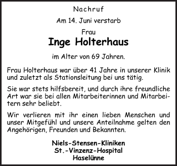 Traueranzeige von Inge Holterhaus von Neue Osnabrücker Zeitung GmbH & Co. KG